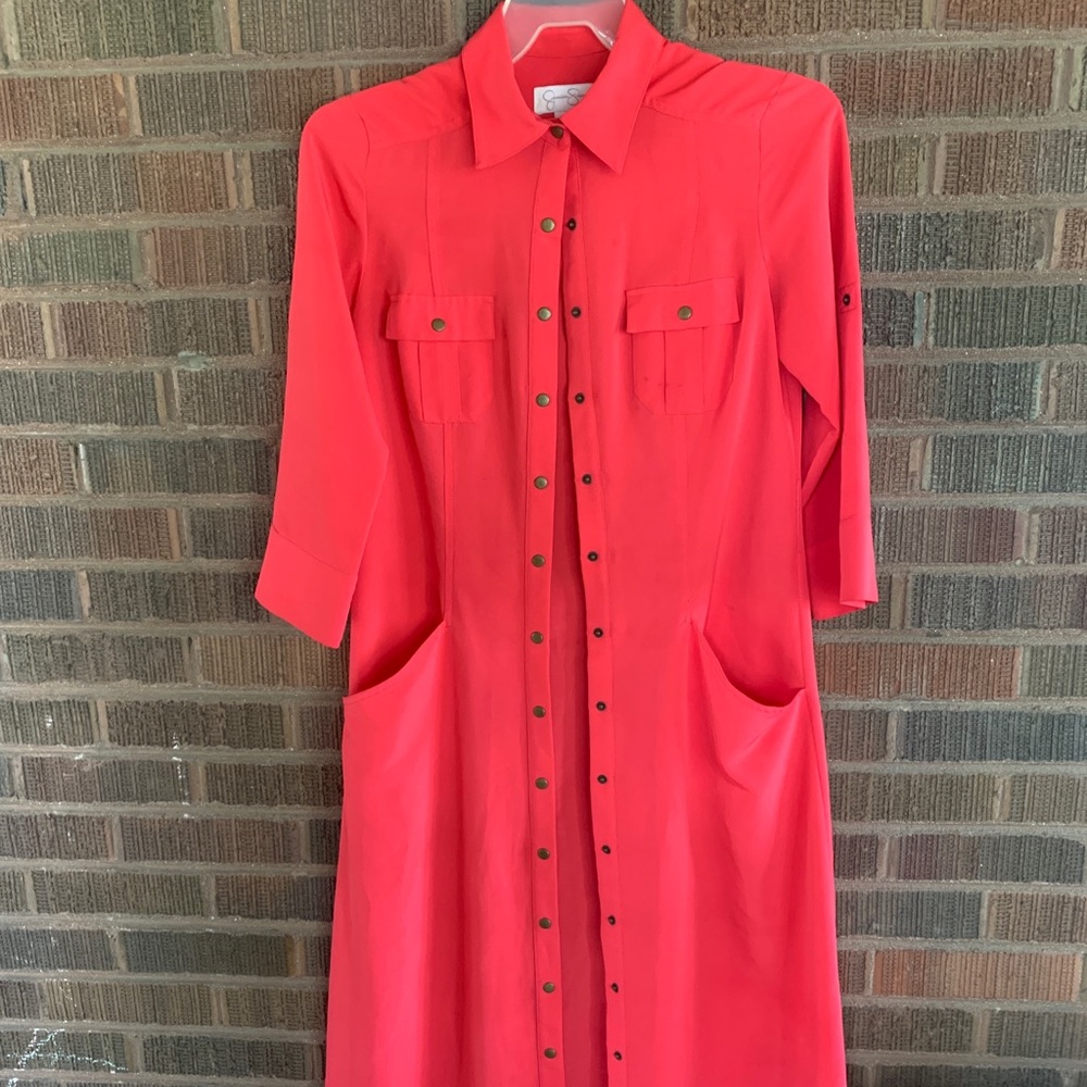Jessica Simpson Coral-Red Button-Front Long Sleeve Shirt Dress